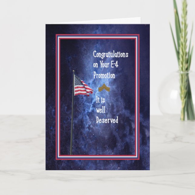 Army Promotion to an E-4 Blue with Flag Card (Front)