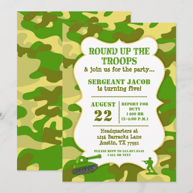 Army Toy Soldier Birthday Invitation Camouflage (Front/Back)