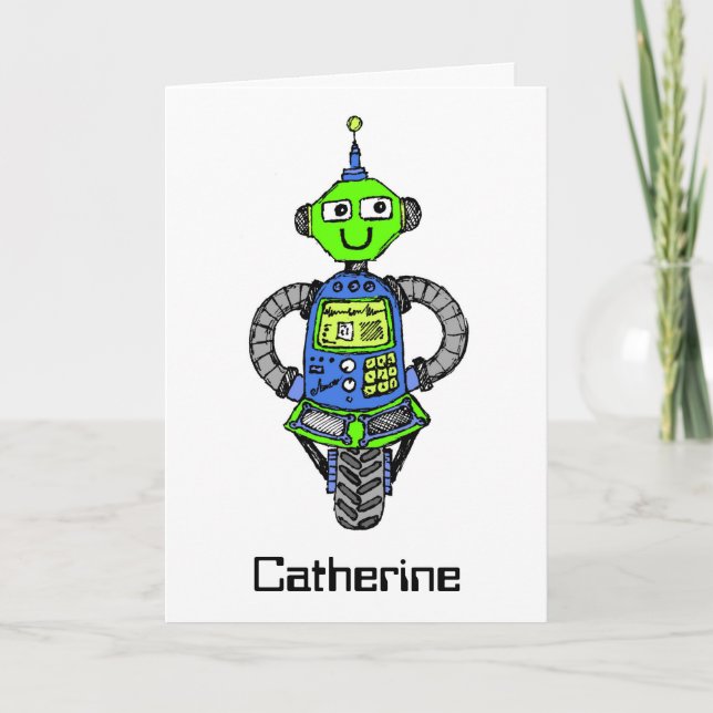 Arnie robot, blue and green card (Front)