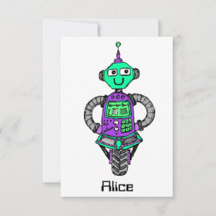 Arnie robot, purple and green invitation