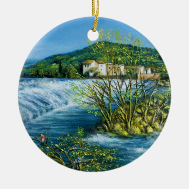ARNO RIVER AT ROVEZZANO Florence Tuscany Landscape Ceramic Tree Decoration (Front)