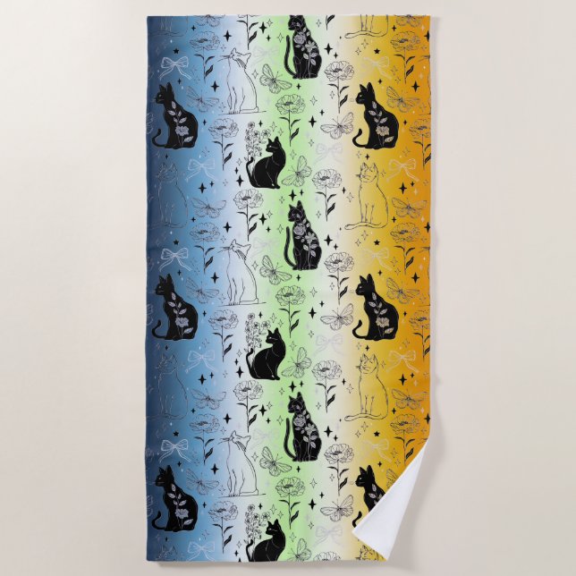 AroAce Agender Pride Black Cat - Mystical Witchy Beach Towel (Front)