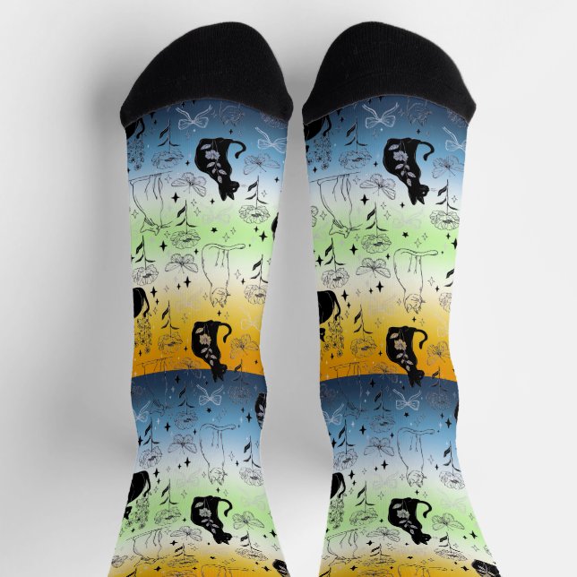 AroAce Agender Pride Black Cat - Mystical Witchy Socks (Top)