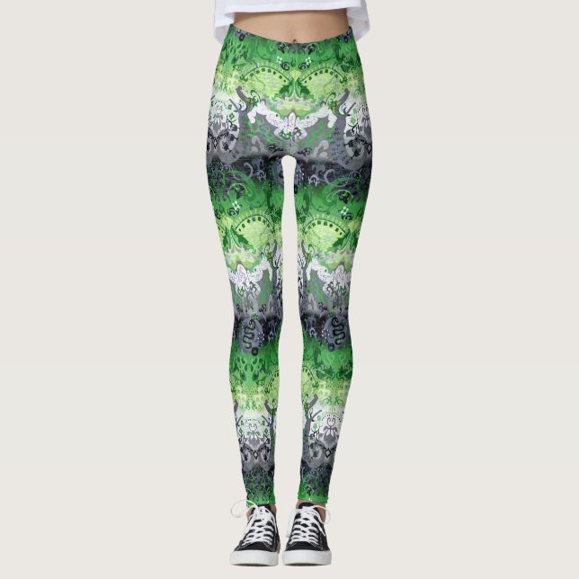 Aromantic Dragon Damask - Aro Pride Flag Colours Leggings (Front)