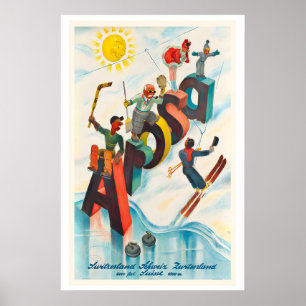 Arosa Switzerland Mountain Snow Winter Vintage Ski Poster