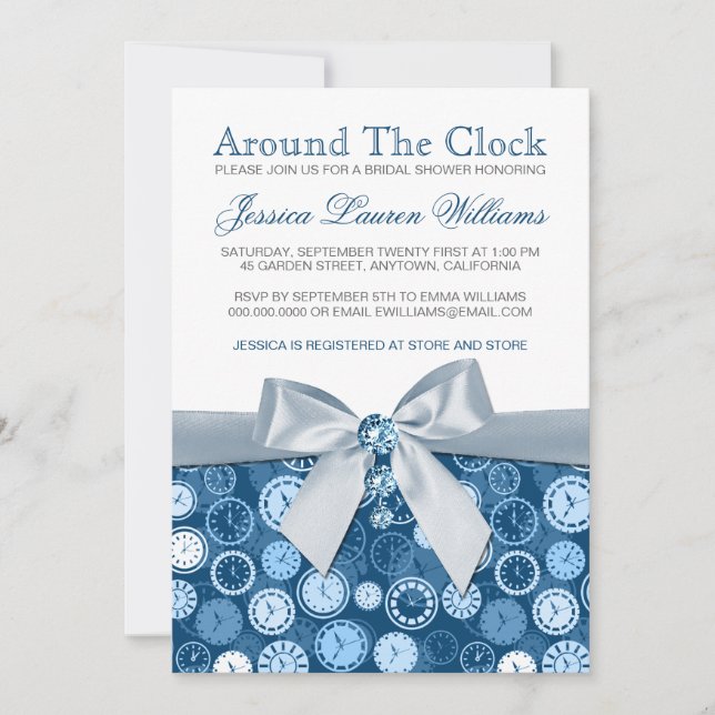Around The Clock Blue Bridal Shower Invites (Front)