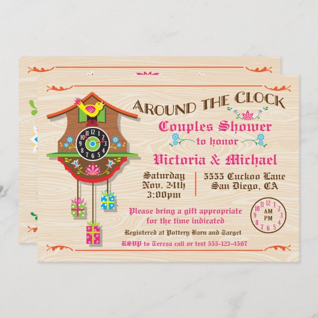 Around the clock Bridal Shower Folk art Cuckoo Inv Invitation (Front/Back)