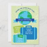 Around The World 80th Birthday Invitation<br><div class="desc">Fun and modern invitation with an Around The World theme. Features the Earth Globe, suitcases, and passport stamps in the background. Eye-catching and unisex design ideal for a 80th birthday party. Add the birthday name on the front ribbon for a focal point. The colour palette is easy to match with...</div>