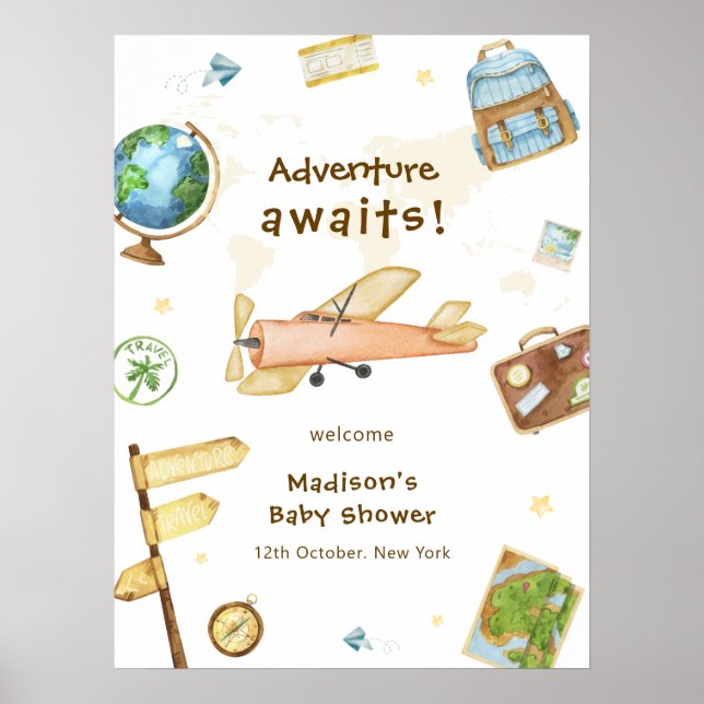 Around The World Airplane Baby Shower Welcome  Poster (Front)