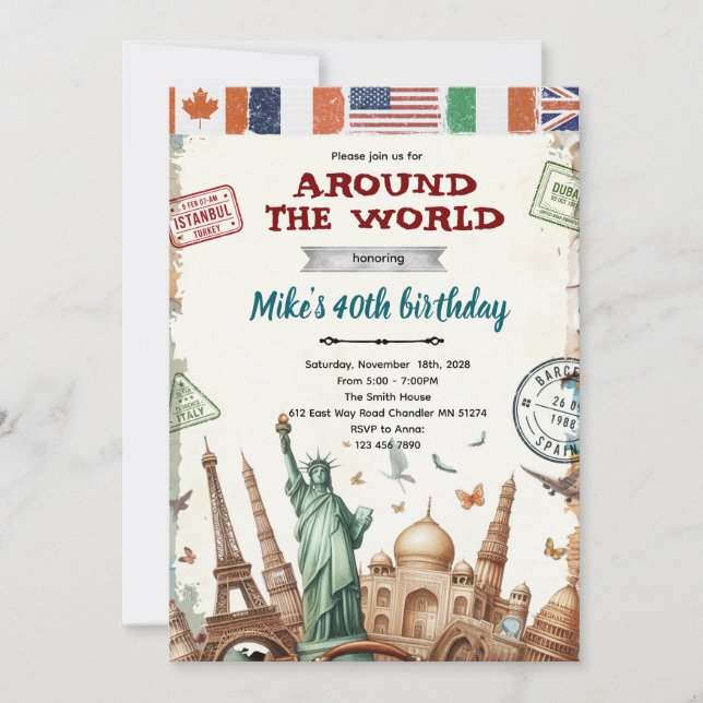 Around the World Birthday Invitation (Front)