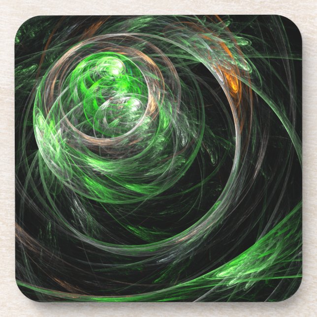 Around the World Green Abstract Art Cork Coaster (Front)