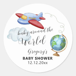 Around The World Map Airplane Boy Baby Shower Classic Round Sticker