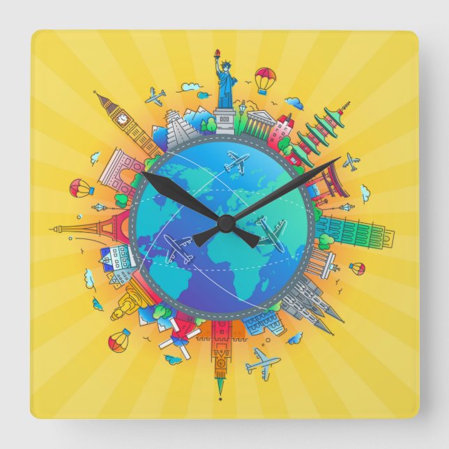 Around the World Square Wall Clock (Front)