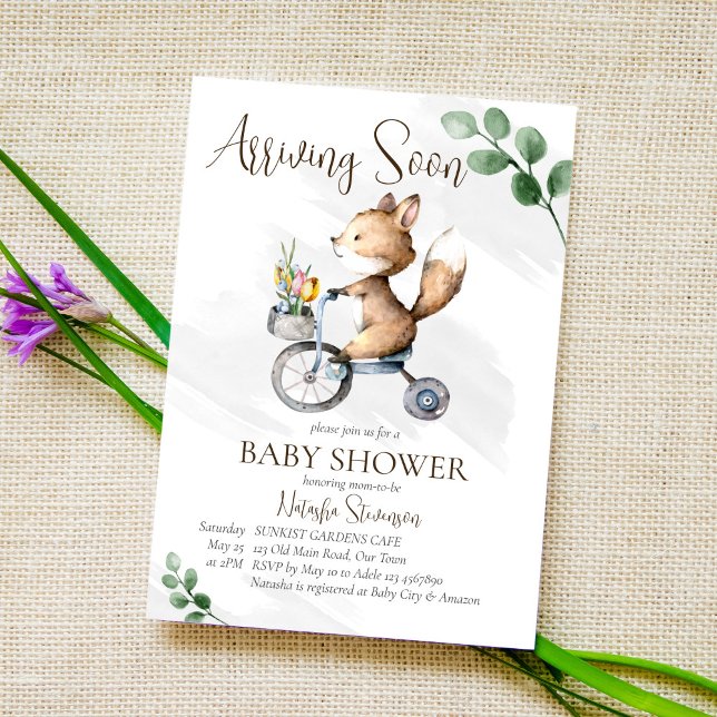 Arriving soon little fox riding bike baby shower invitation (Creator Uploaded)