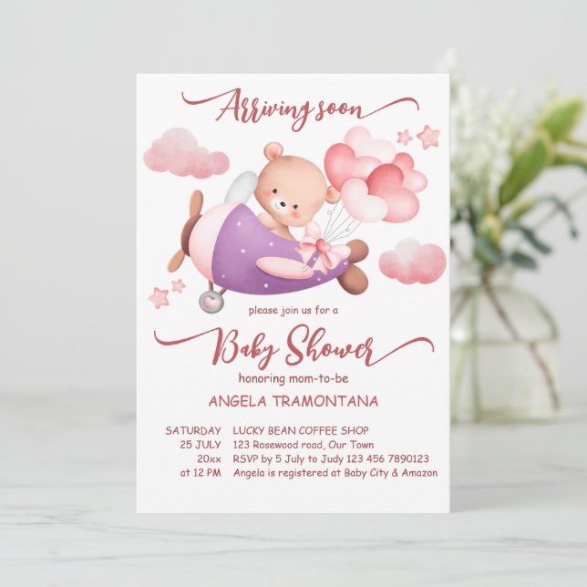 Arriving soon tiny pilot pink teddy bear invitation (Standing Front)