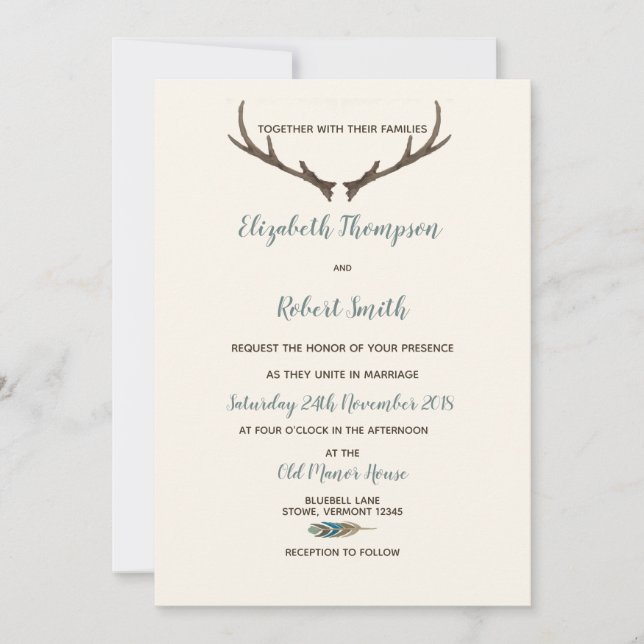 Arrow and Antler Rustic Chic Wedding Cream & Blue Invitation (Front)
