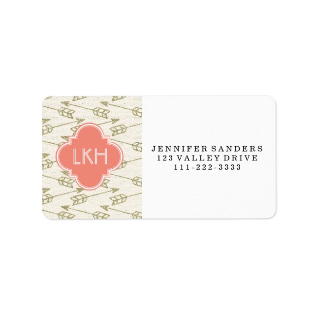 Arrow Gold Glitter Pattern | Coral Monogram Label (Front)