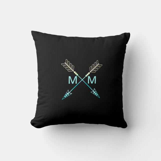 Arrow Modern Tribal Monogram Black & Teal Cushion (Front)