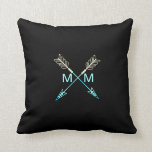 Arrow Modern Tribal Monogram Black & Teal Cushion