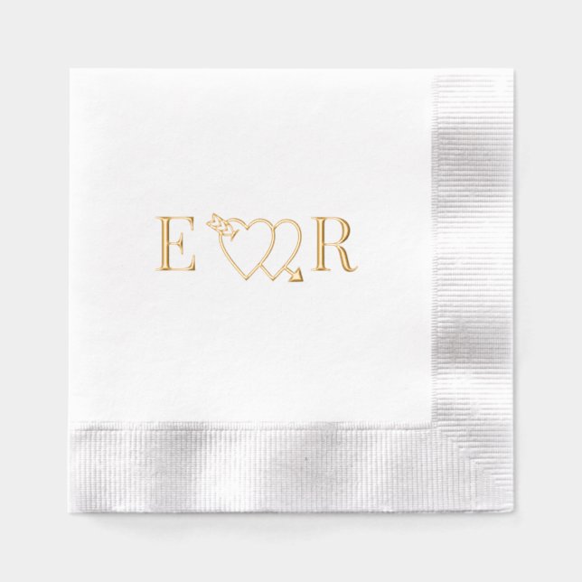 Arrow Thru Double Heart Couple 2 Initial Monogram Foil Napkins (Front)