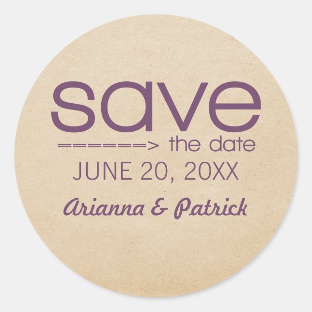 Arrow Typography Save the Date Stickers, Violet Classic Round Sticker (Front)