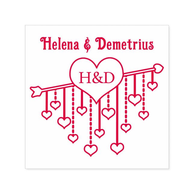 Arrow With Hanging Hearts Couple Names Initials Self-inking Stamp (Design)