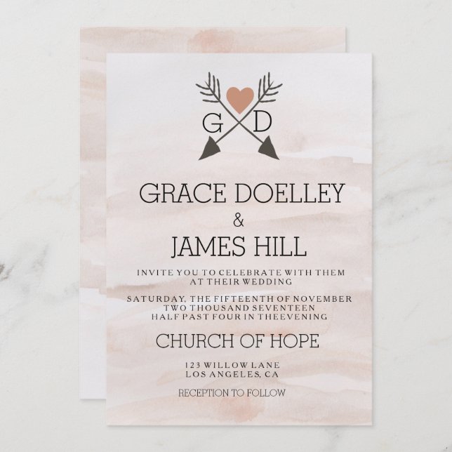Arrows and Heart Rustic Watercolor Wedding Invite (Front/Back)