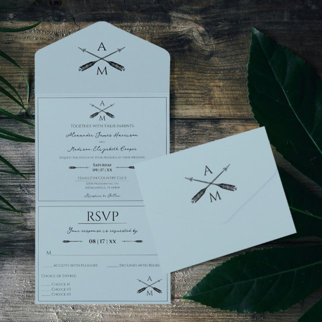 Arrows and Monograms Wedding | Aqua All In One Invitation (Aqua Arrows and Monograms Wedding All in One Invitation)