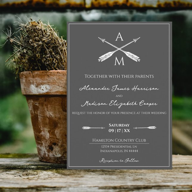 Arrows and Monograms Wedding | Charcoal Grey Invitation (Creator Uploaded)