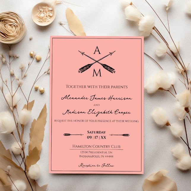 Arrows and Monograms Wedding | Coral Invitation (Coral Arrows and Monograms Wedding Invitation)