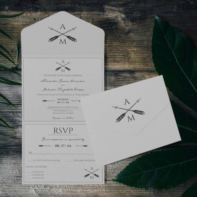 Arrows and Monograms Wedding | Grey All In One Invitation (Creator Uploaded)
