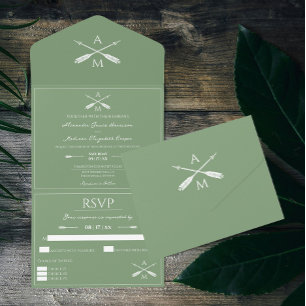 Arrows and Monograms Wedding   Moss Green All In One Invitation