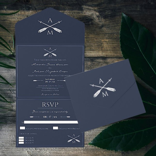 Arrows and Monograms Wedding | Navy Blue All In One Invitation (Navy Blue Arrows and Monograms Wedding All in One Invitation)