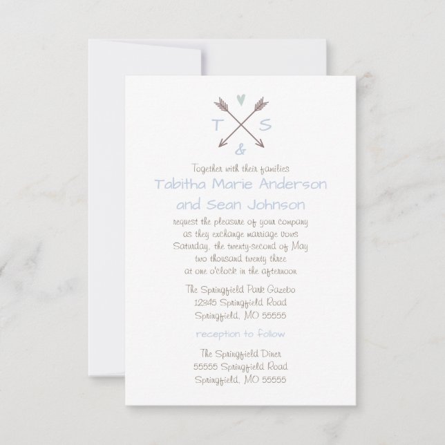 Arrows Blue Heart - 3x5 Wedding & Reception Invite (Front)