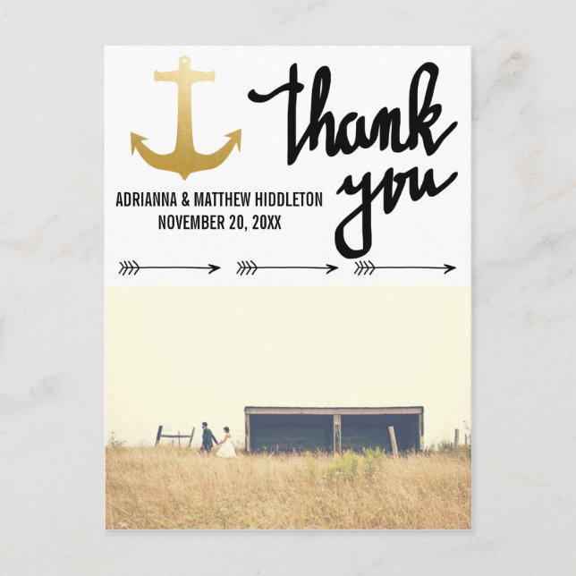 Arrows Faux Gold Foil Anchor Wedding Thank You Postcard (Front)