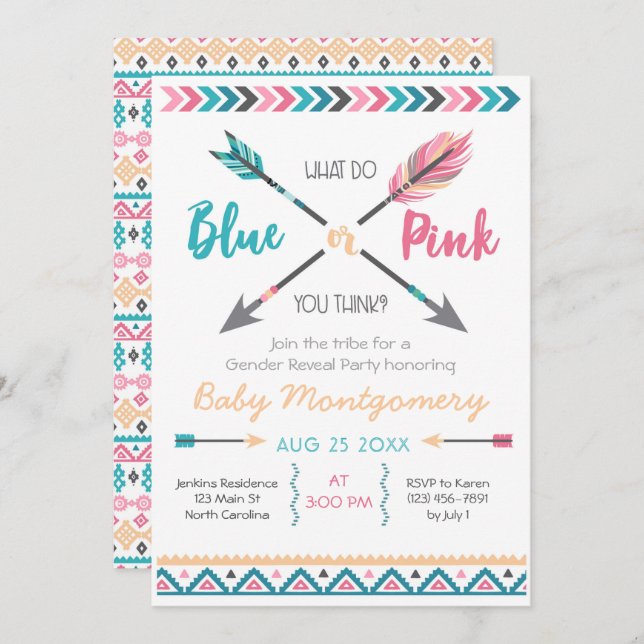 Arrows Gender Reveal Party Invitation Feathers Boh (Front/Back)