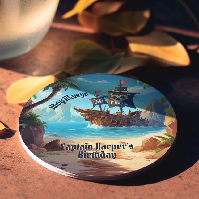 Arrr-some Pirate Island Ship Birthday Round Paper Coaster (Creator Uploaded)