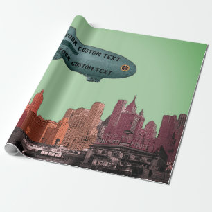 ART 1930'S BLIMP NEW YORK CITY SKYLINE YOUR TEXT WRAPPING PAPER