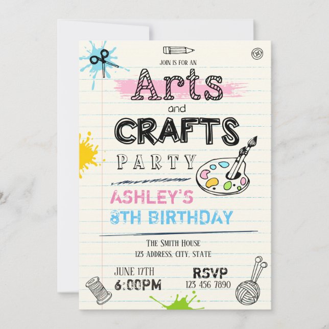 Art and craft birthday party invitation (Front)