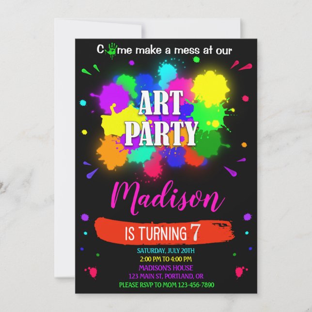 Art birthday invitation Artsy paint craft party (Front)