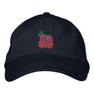 Art Cap: Christmas Hibiscus Flowers. Navy Embroidered Hat