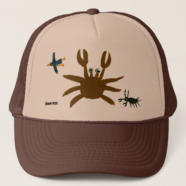 Art Cap: Crab,Bug,Bird. Brown Trucker Hat (Front)