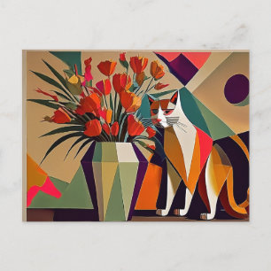 Art cat with flowers postcard