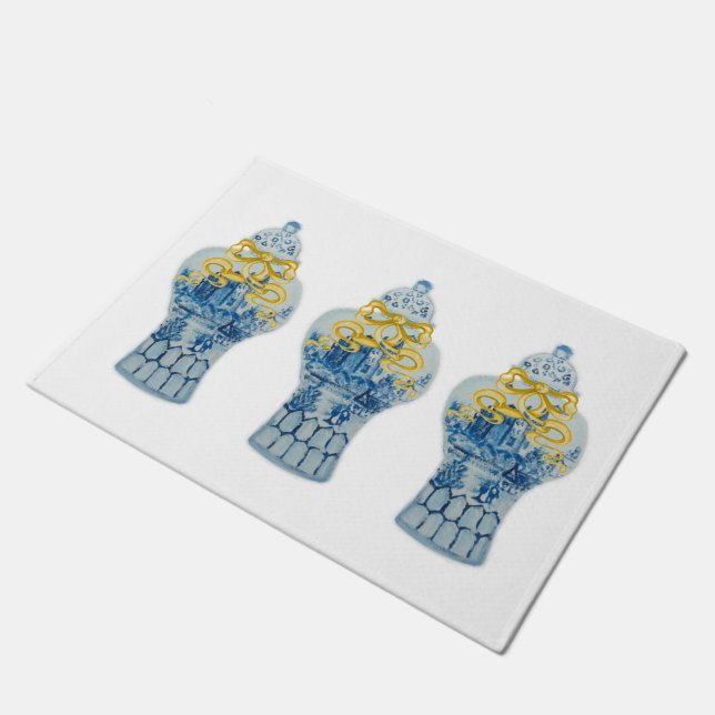 Art  Christmas Blue White Ginger Jar Rug Doormat (Angled)