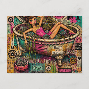 Art Collage Doll in a Bathtub of Plants Postcard