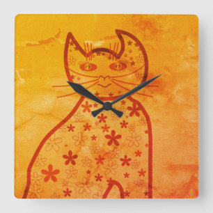 Art ,Cute Cat Clipart orange Square Wall Clock