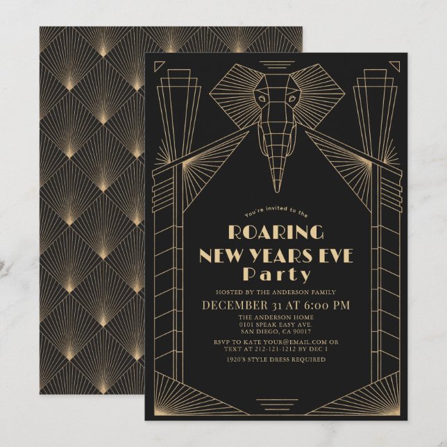 Art Deco 1920's Gatsby Elephant New Years Eve Invitation (Front/Back)