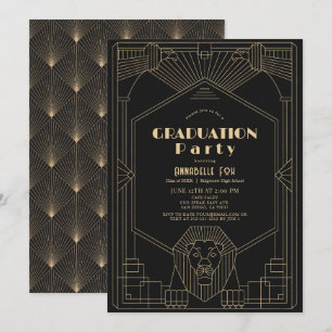 Art Deco 1920's Gatsby Lion Black Graduation Invitation