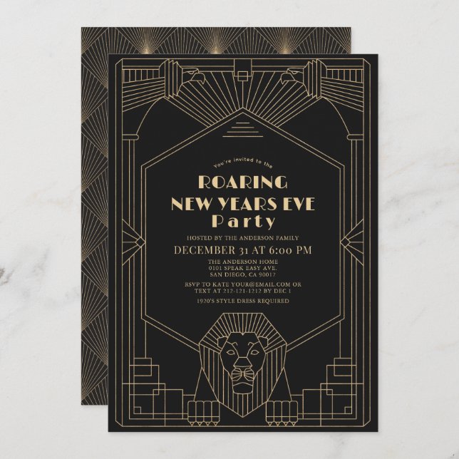 Art Deco 1920's Gatsby Lion New Years Eve Party Invitation (Front/Back)