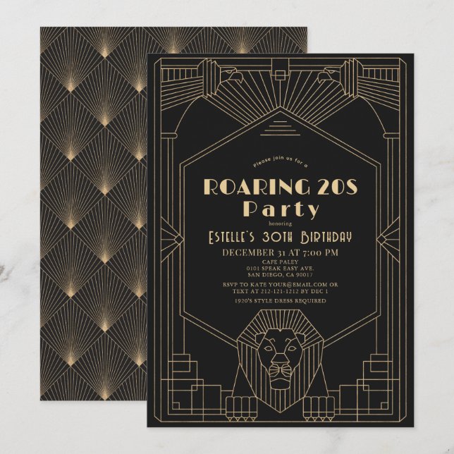 Art Deco 1920's Gatsby Lion Roaring 20s Birthday Invitation (Front/Back)